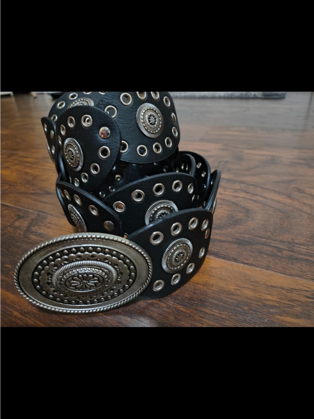 Vintage 90s Western Concho Belt Black Silver Boho Festival Cowgirl 46"